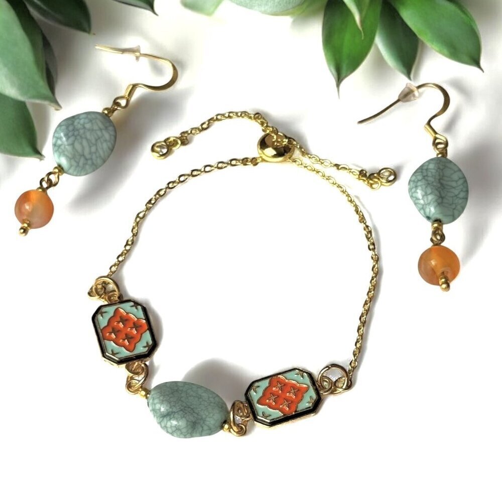 Reimagined Gold Tone Howlite Agate Bracelet Earring Set